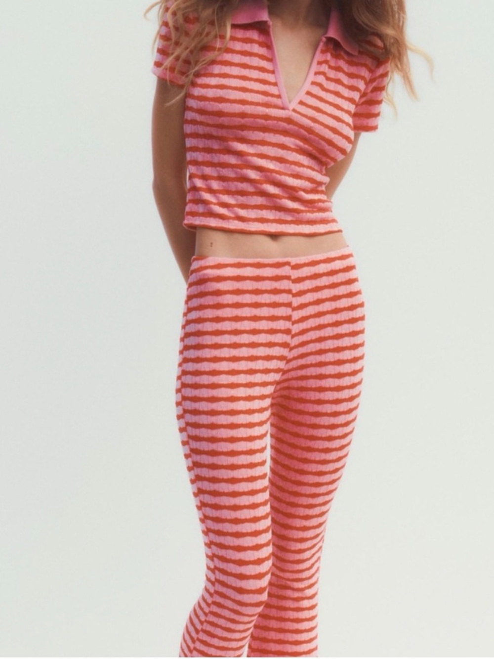 NWOT Zara Pink & Red Stripe Jacquard Coord Set - V Neck Polo & Flare Pants